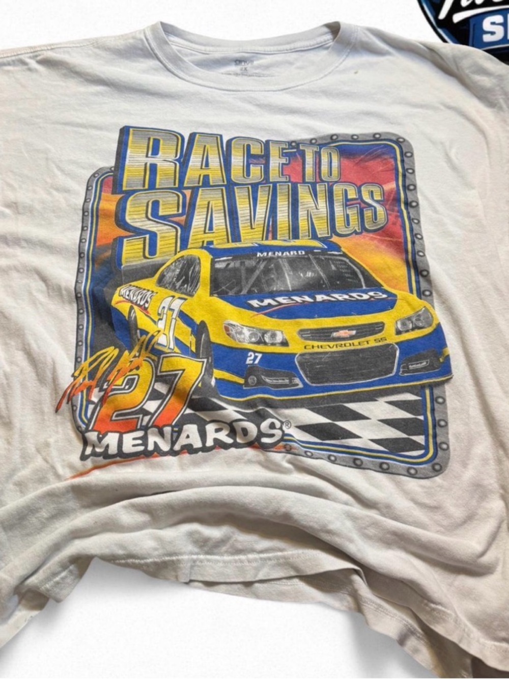 Anvil White Menards 'Race to Savings' Graphic Tee with Yellow & Blue Racecar